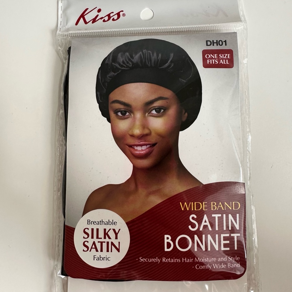 Kiss Wide Band Satin Bonnet in Black Silky Satin Fabric One Size Fits Most